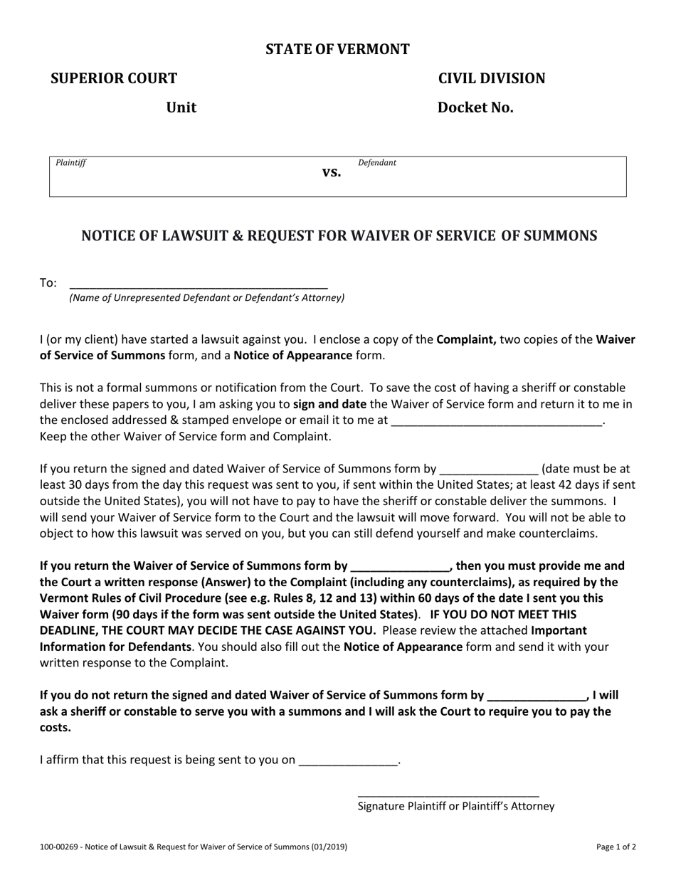 Form 100-00269 Notice of Lawsuit  Request for Waiver of Service of Summons - Vermont, Page 1