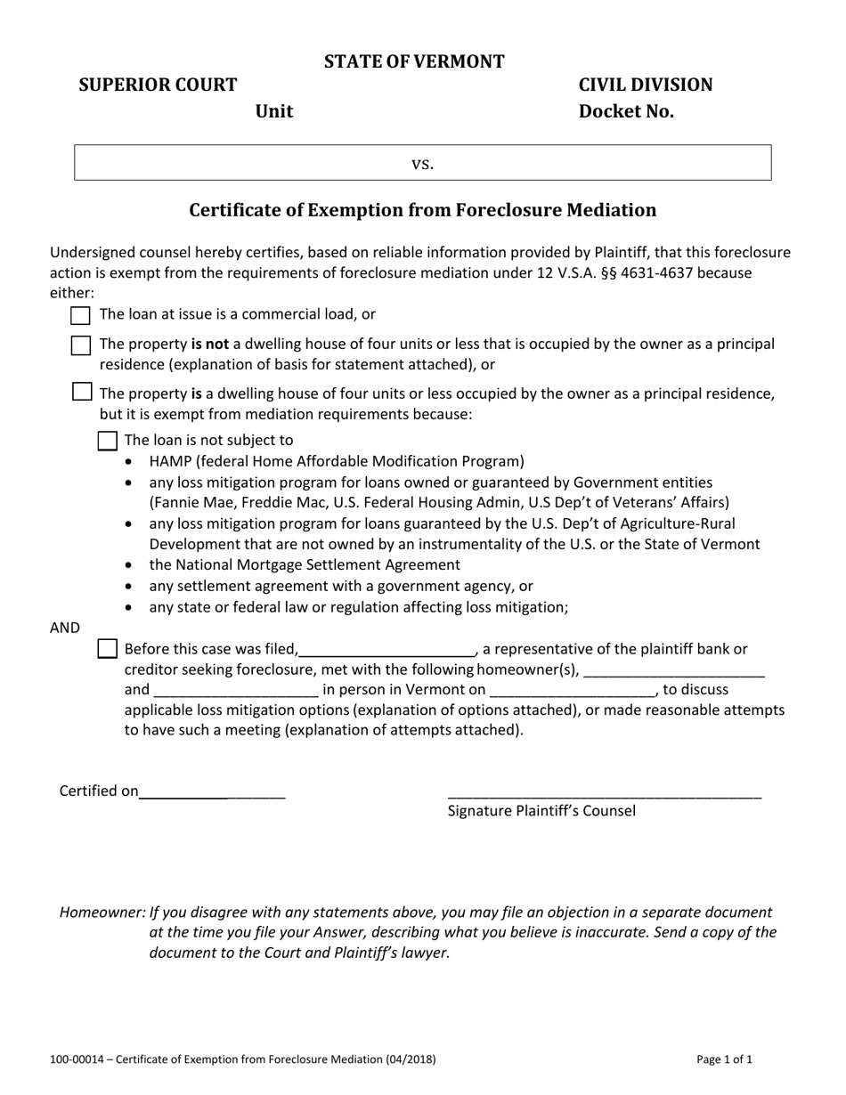 Form 100-00014 Certificate of Exemption From Foreclosure Mediation - Vermont, Page 1