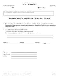 Document preview: Form 600-00032 Notice of Appeal of Decision on Access to Court Records - Vermont