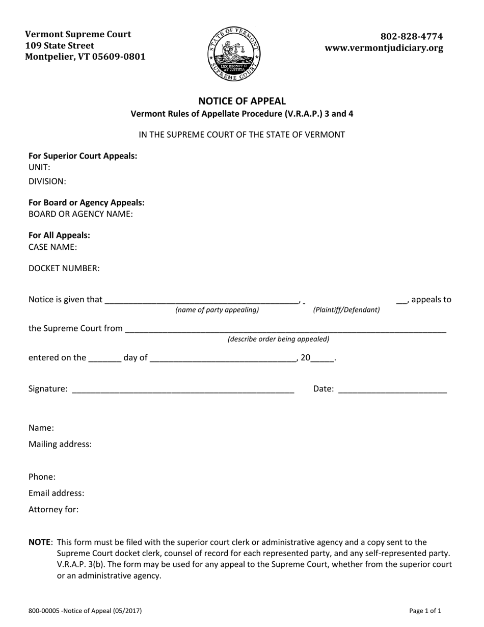 Form 800-00005 Notice of Appeal - Vermont, Page 1