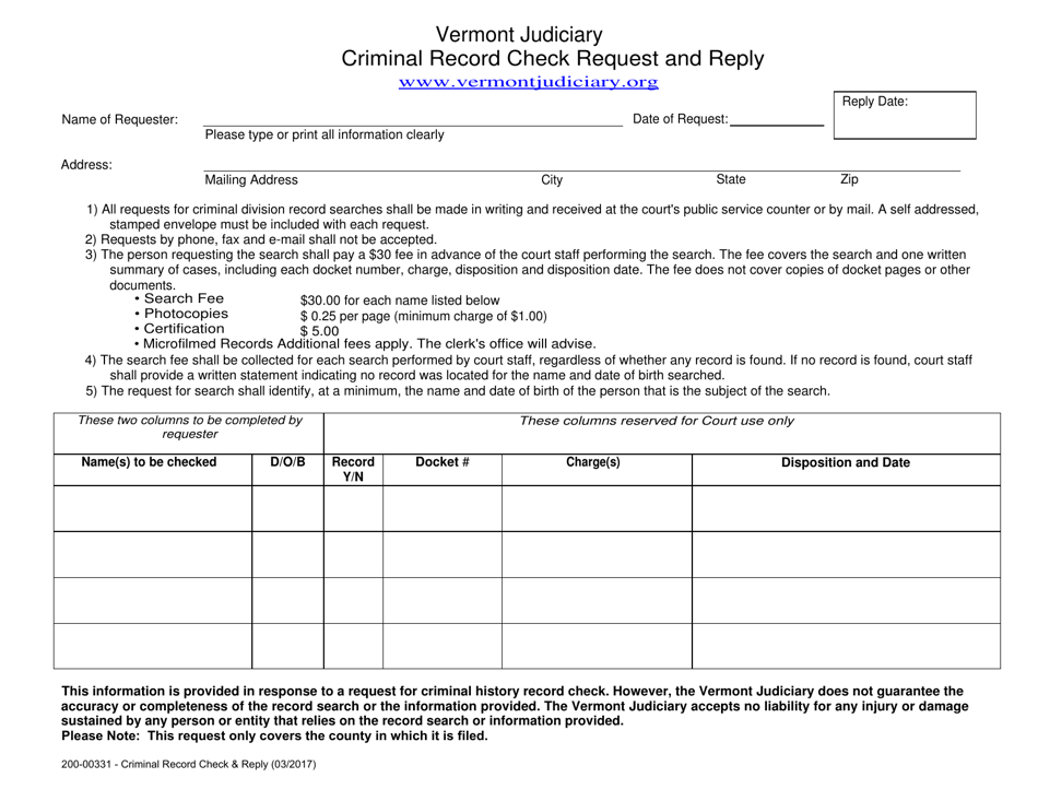 Form 200-00331 Criminal Record Check Request and Reply - Vermont, Page 1