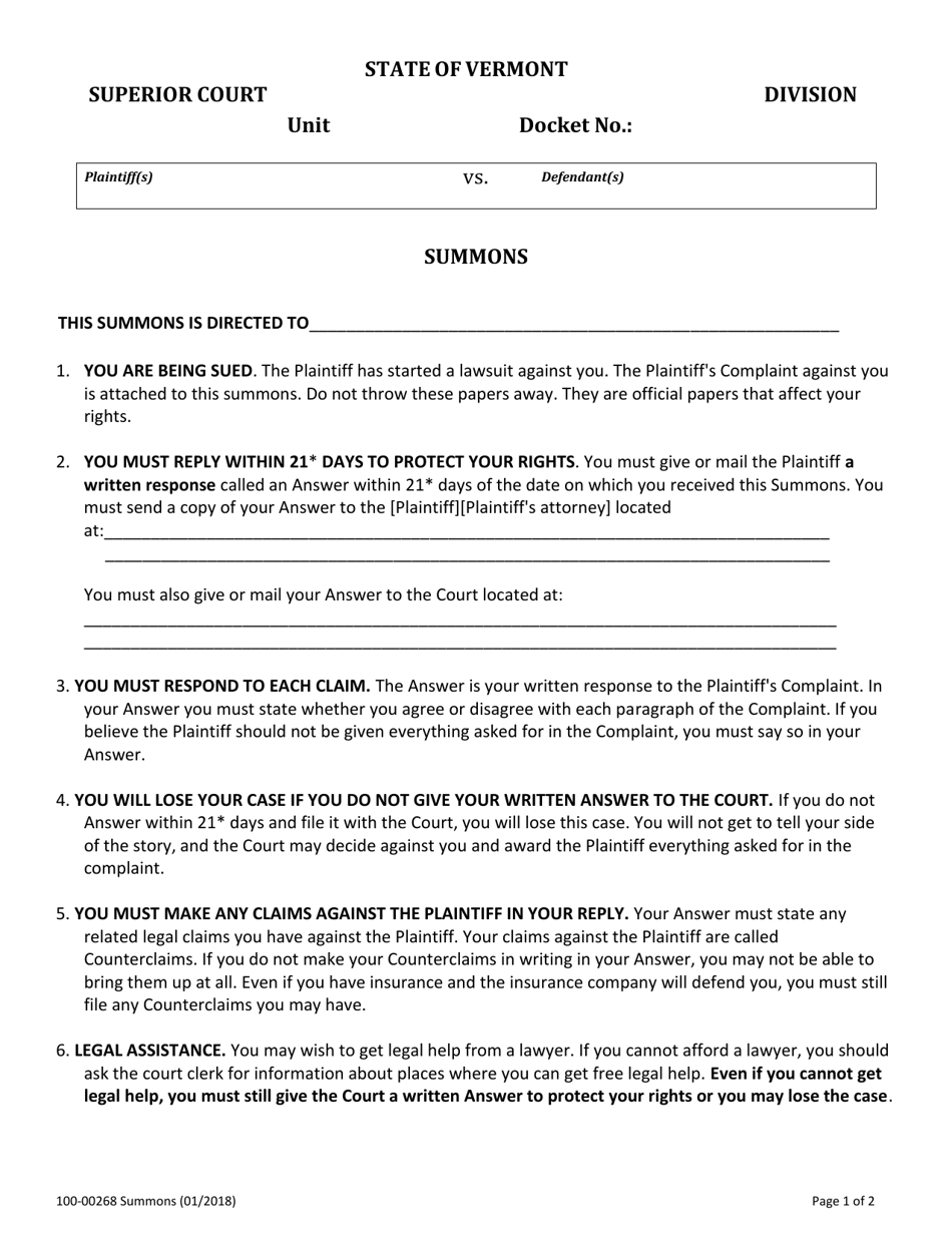 Form 100-00268 Summons - Vermont, Page 1