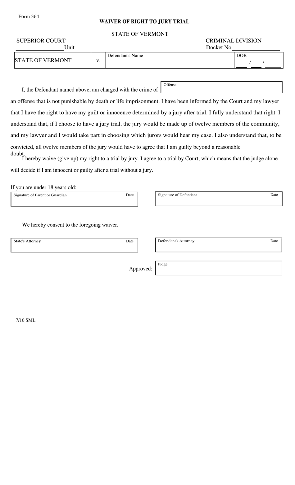 Form 364 Waiver of Right to Jury Trial - Vermont, Page 1
