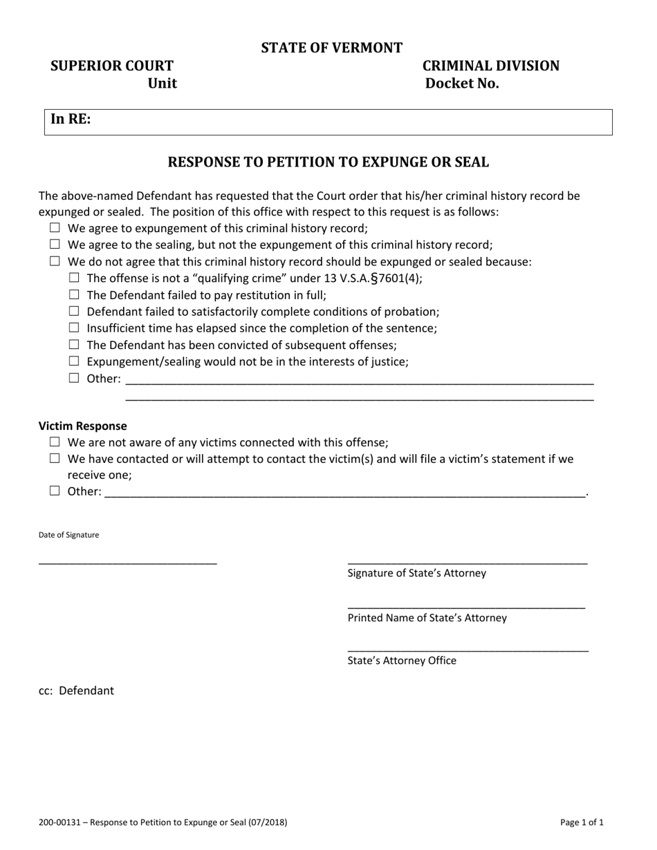 Form 200-00131 Response to Petition to Expunge or Seal - Vermont, Page 1