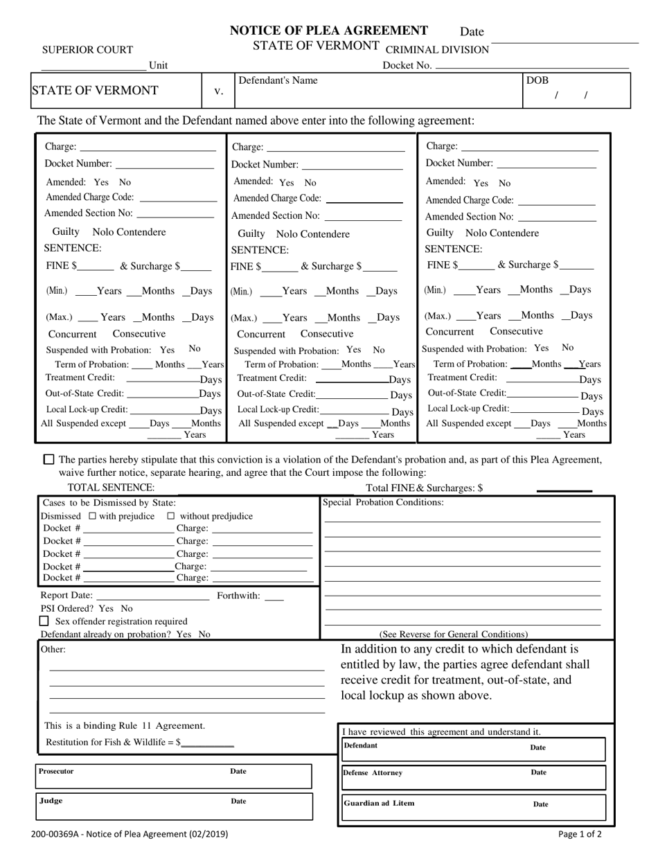 Form 200-00369A Notice of Plea Agreement - Vermont, Page 1