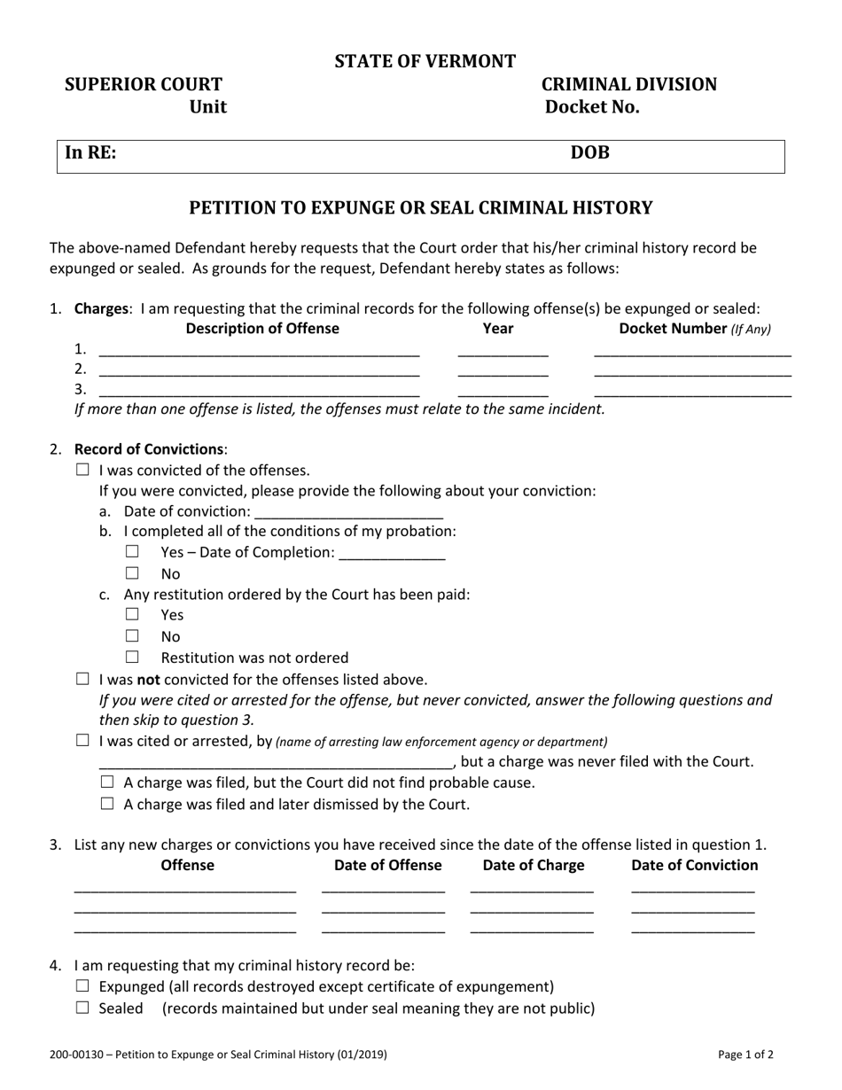 Form 200-00130 Petition to Expunge or Seal Criminal History - Vermont, Page 1