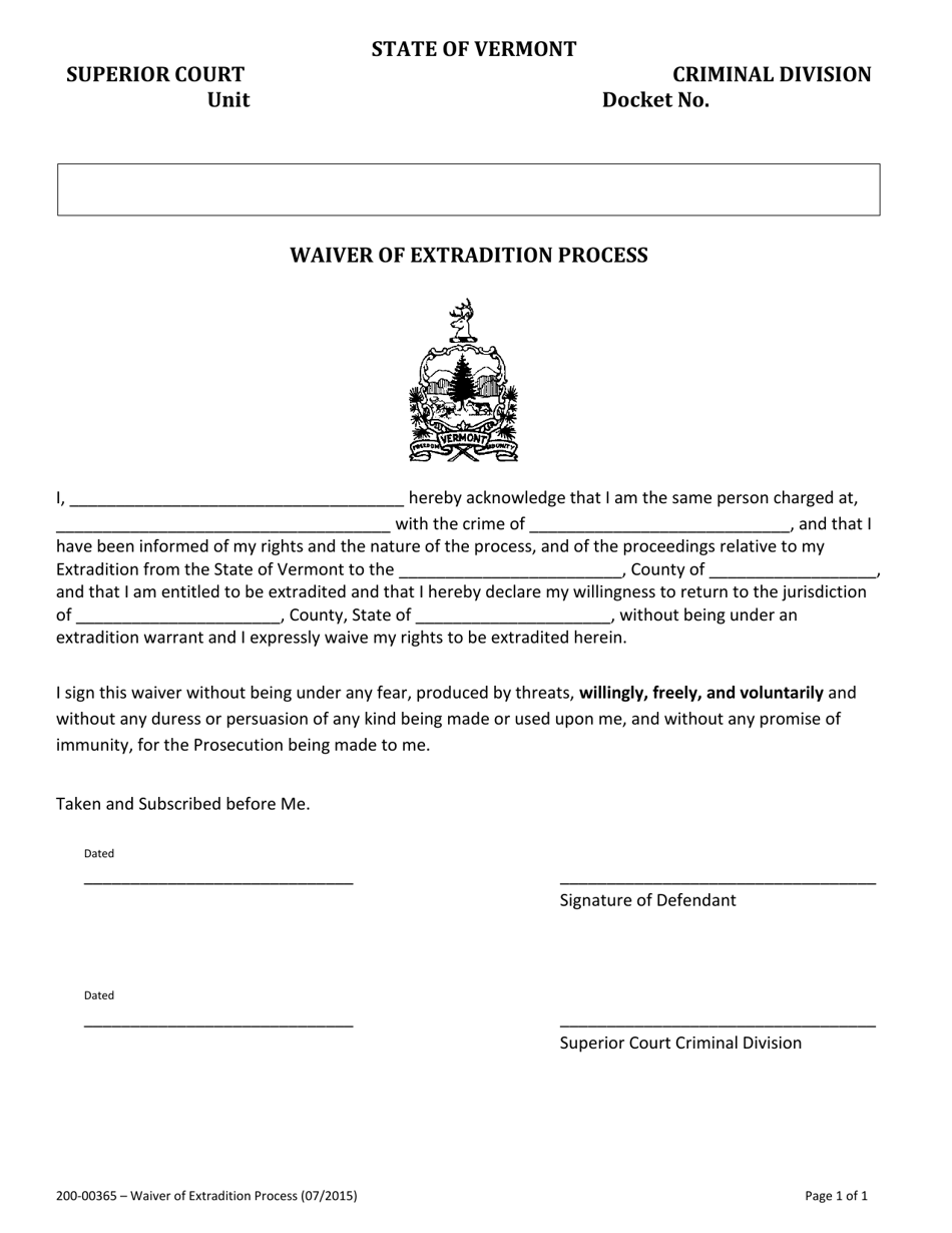 Form 200-00365 Waiver of Extradition Process - Vermont, Page 1