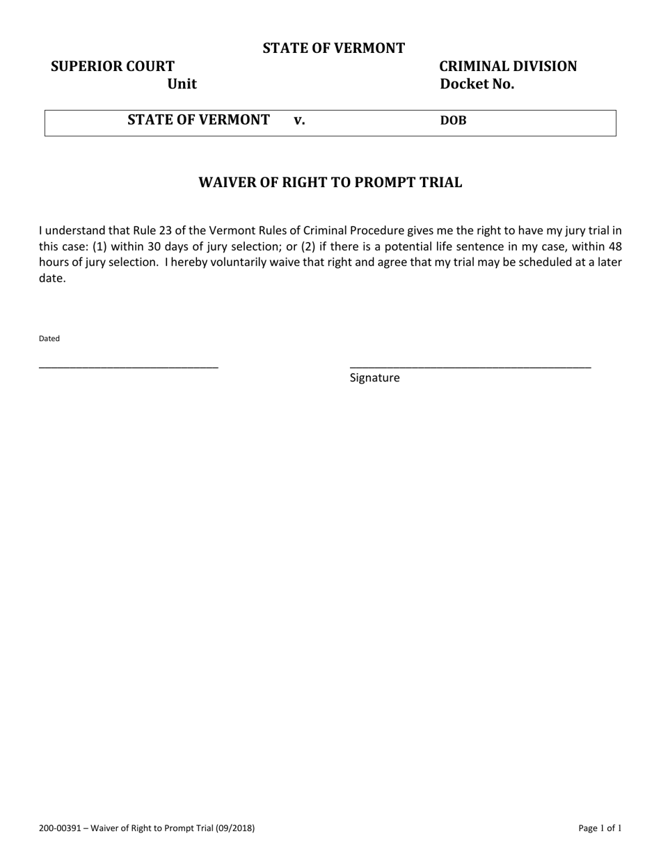 Form 200-00391 Waiver of Right to Prompt Trial - Vermont, Page 1