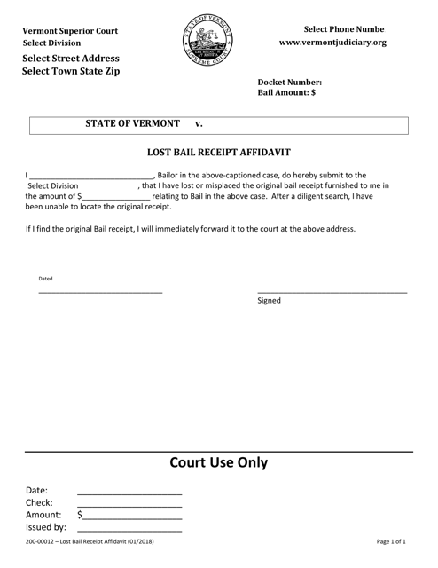 Form 200-00012 Lost Bail Receipt Affidavit - Vermont