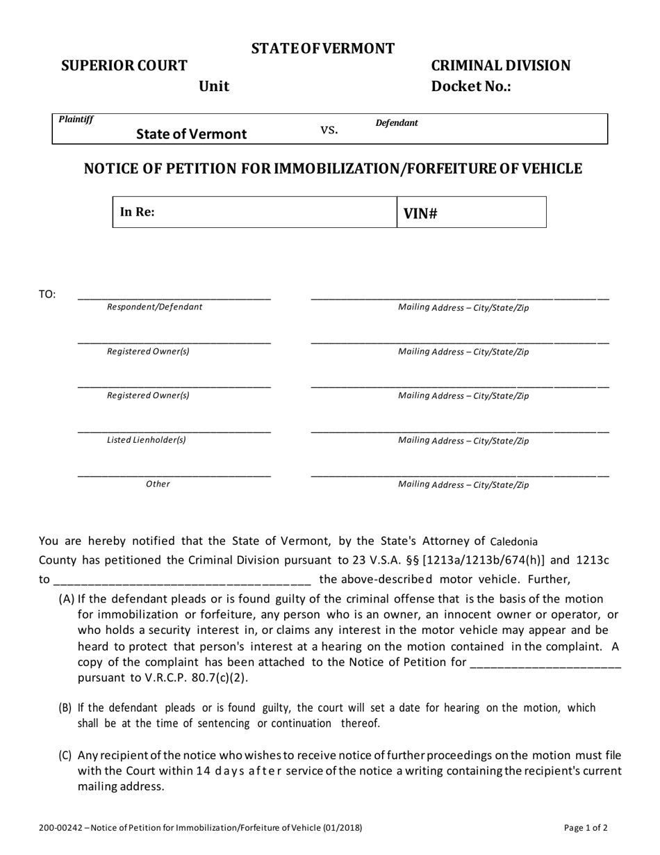 Form 200-00242 Notice of Petition for Immobilization / Forfeiture of Vehicle - Vermont, Page 1