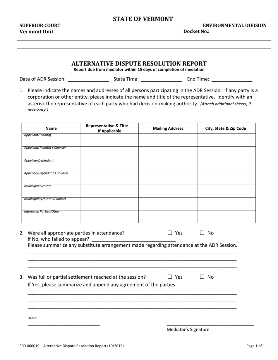 Form 300-000019 Alternative Dispute Resolution Report - Vermont, Page 1