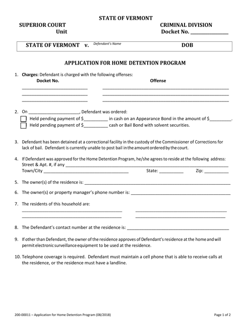 Form 200-00011 Application for Home Detention Program - Vermont