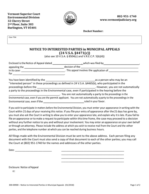 Form 300-00900 Notice to Interested Parties in Municipal Appeals - Vermont