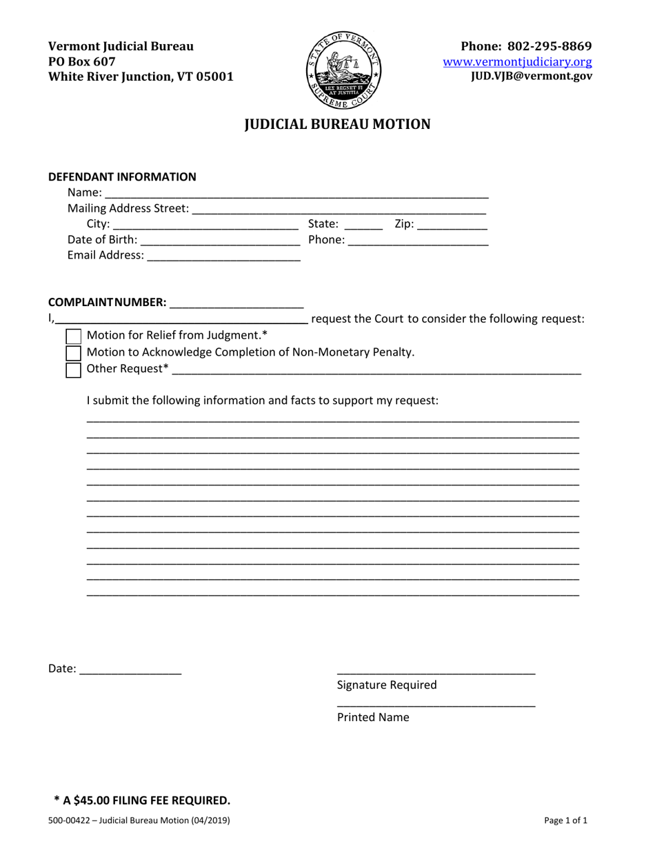 Form 500-00422 Judicial Bureau Motion - Vermont, Page 1