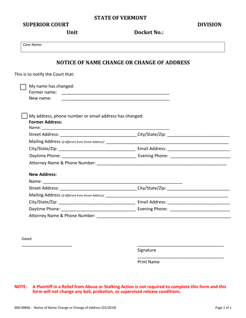 Form 600-00846 Notice of Name Change or Change of Address - Vermont