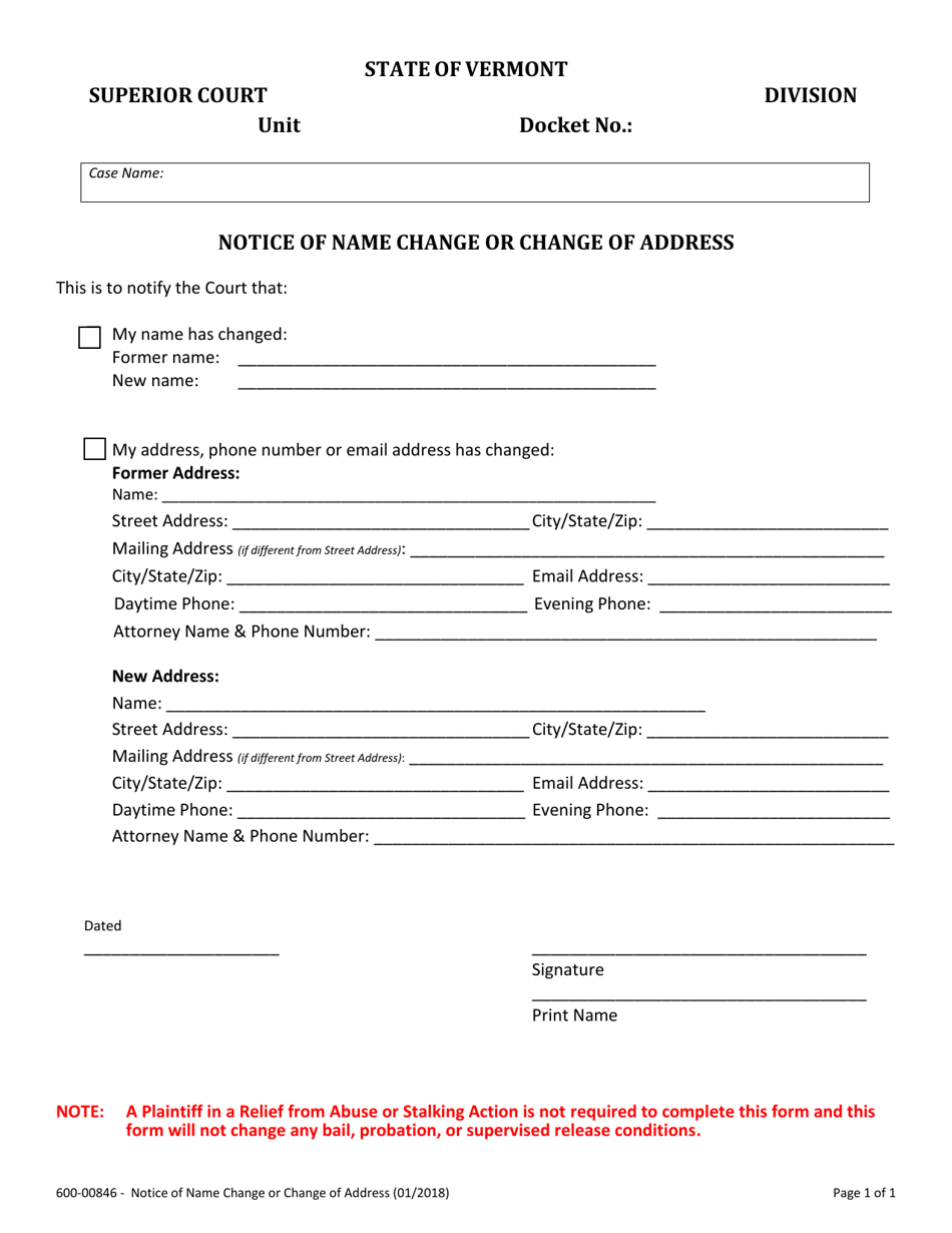 Form 600-00846 Notice of Name Change or Change of Address - Vermont, Page 1
