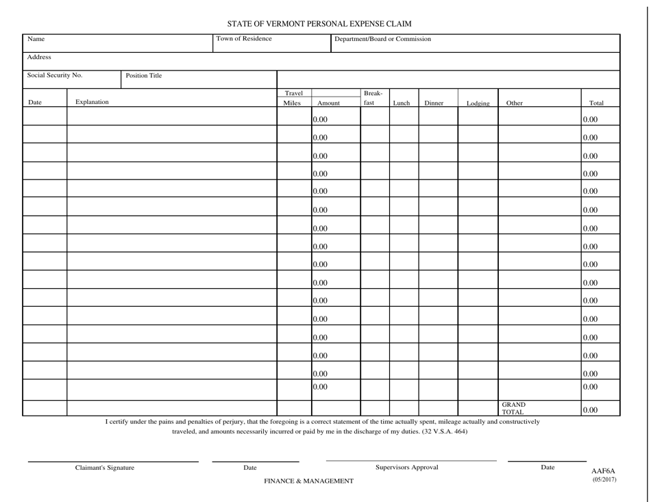 Form AAF6A State of Vermont Personal Expense Claim - Vermont, Page 1
