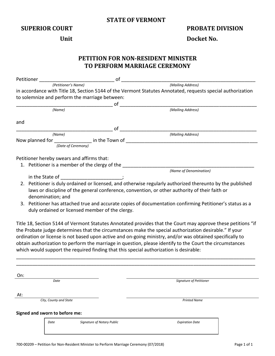 Form 700-00209 Petition for Non-resident Minister to Perform Marriage Ceremony - Vermont, Page 1