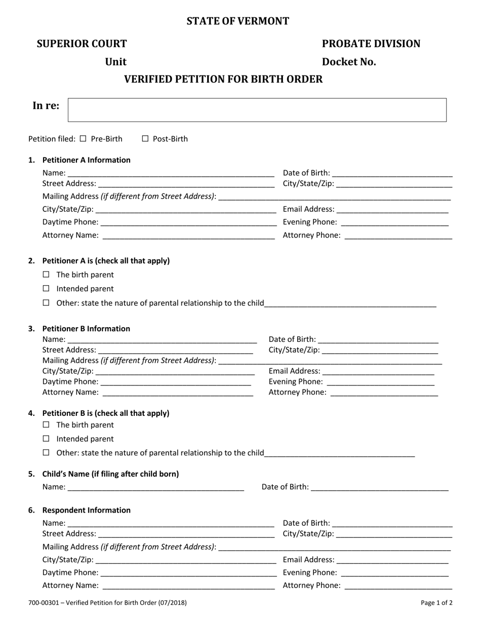 Form 700-00301 Verified Petition for Birth Order - Vermont, Page 1