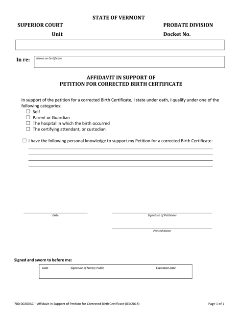 Form 700-00200AC Affidavit in Support of Petition for Corrected Birth Certificate - Vermont