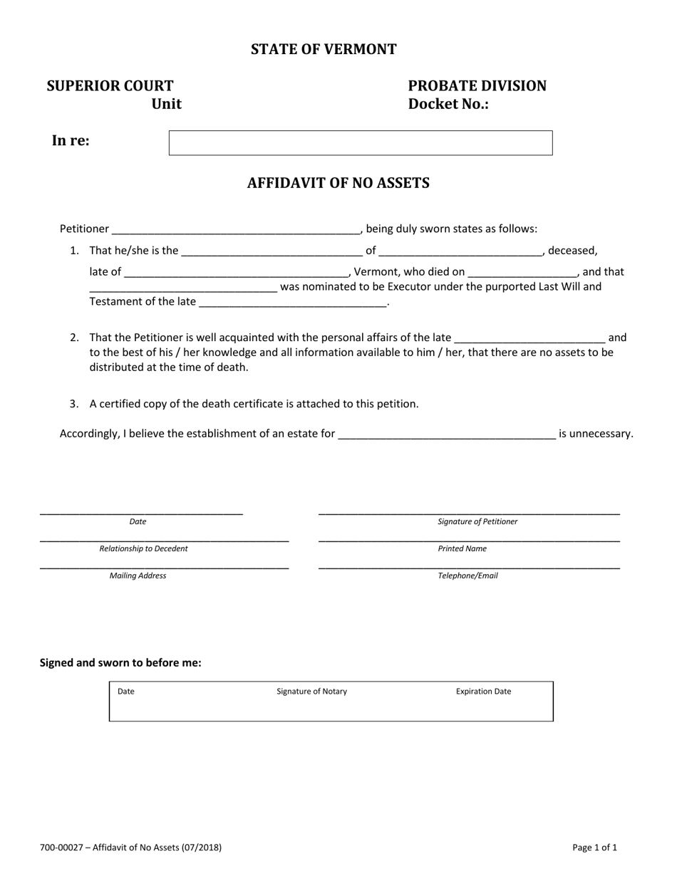 Form 700-00027 Affidavit of No Assets - Vermont, Page 1