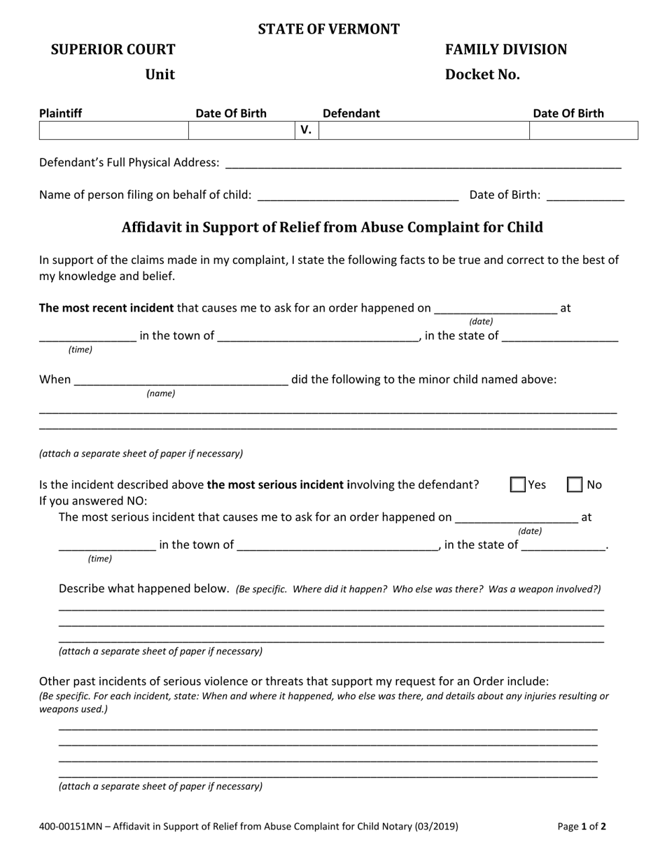Form 400-00151MN Affidavit in Support of Relief From Abuse Complaint for Child Notary - Vermont, Page 1
