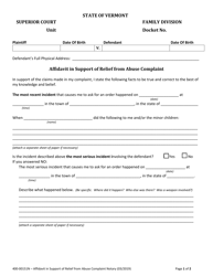 Form 400-00151N Affidavit in Support of Relief From Abuse Complaint - Vermont