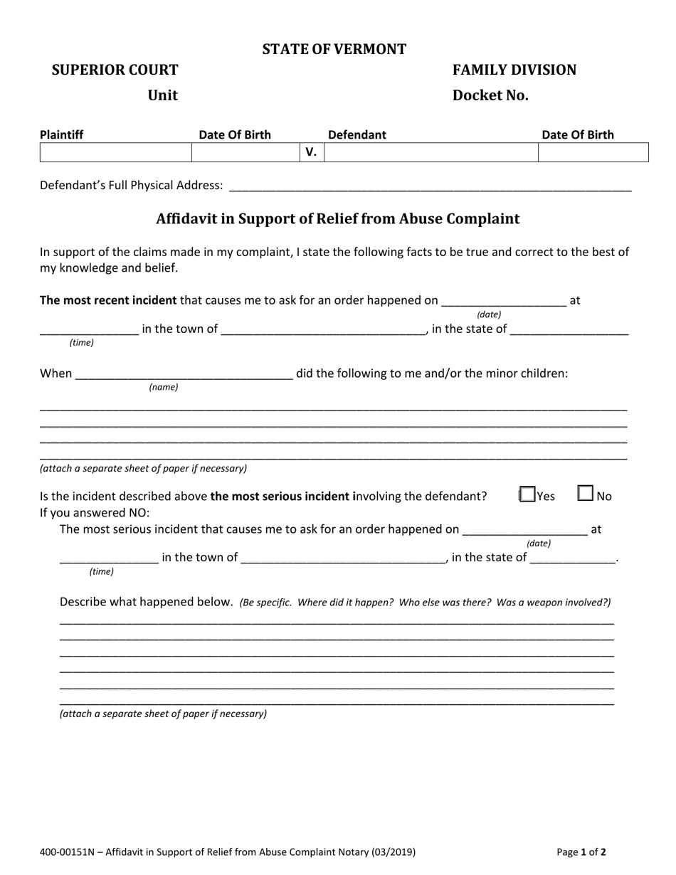 Form 400-00151N Affidavit in Support of Relief From Abuse Complaint - Vermont, Page 1