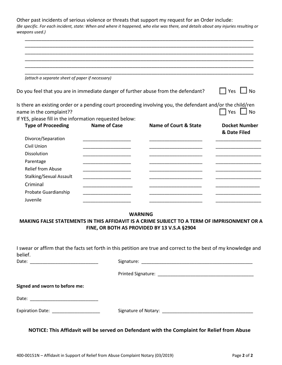 Form 400-00151N Affidavit in Support of Relief From Abuse Complaint - Vermont, Page 2