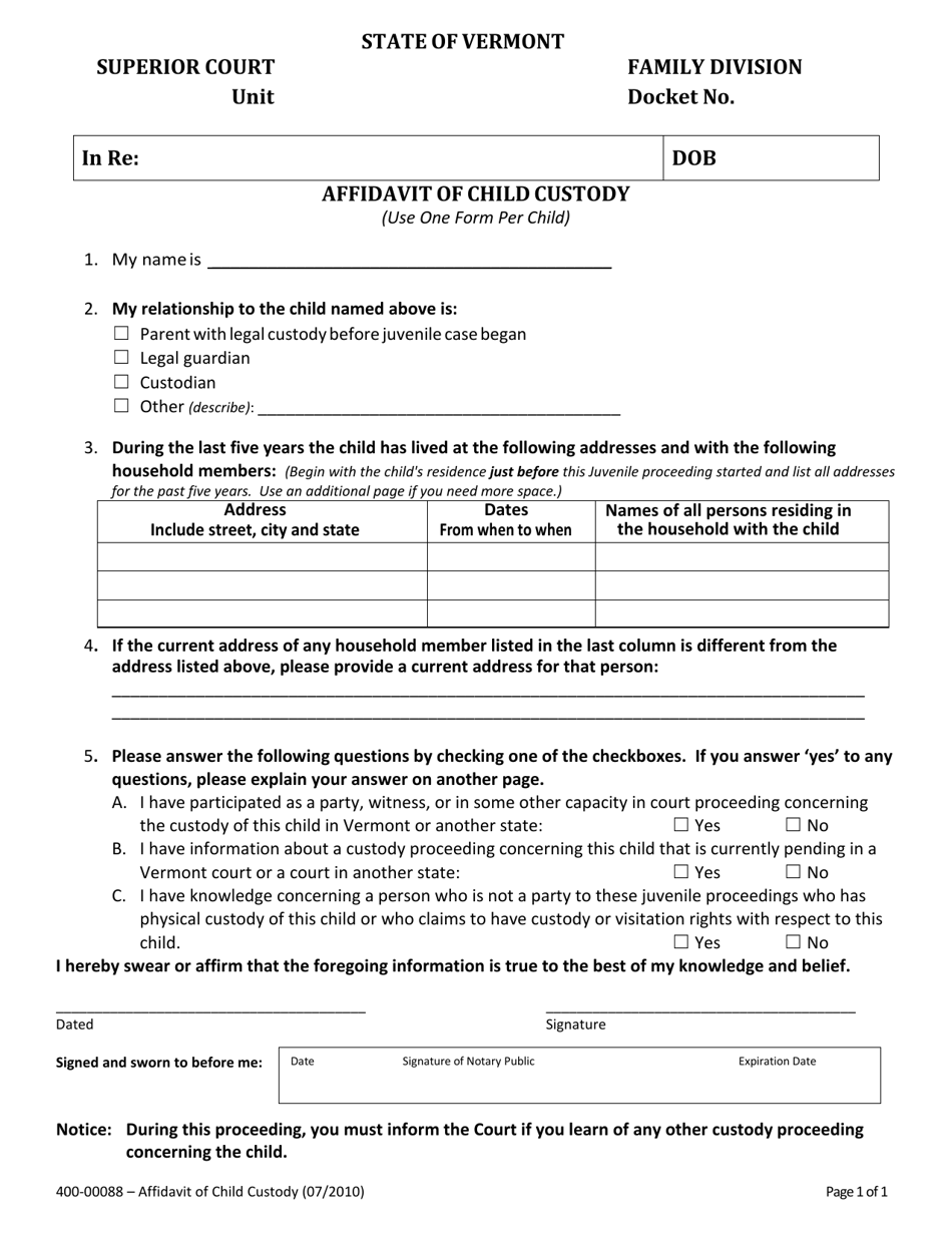 Form 400-00088 Affidavit of Child Custody - Vermont, Page 1
