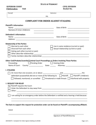Document preview: Form 100-00247S Complaint for Order Against Stalking - Vermont