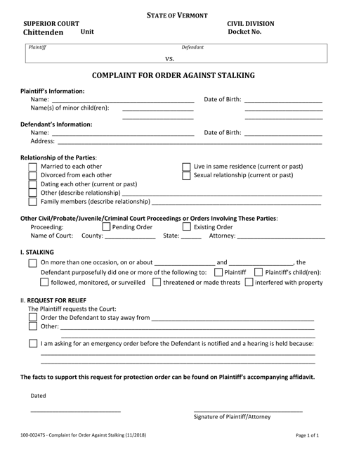 Form 100-00247S Complaint for Order Against Stalking - Vermont