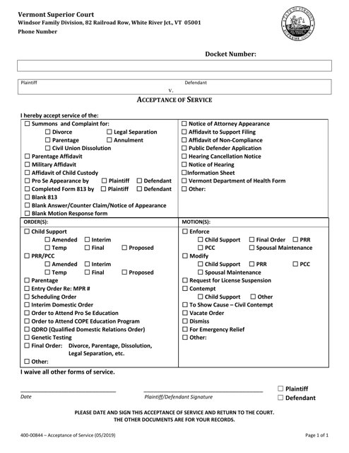 Form 400-00844 Acceptance of Service - Vermont