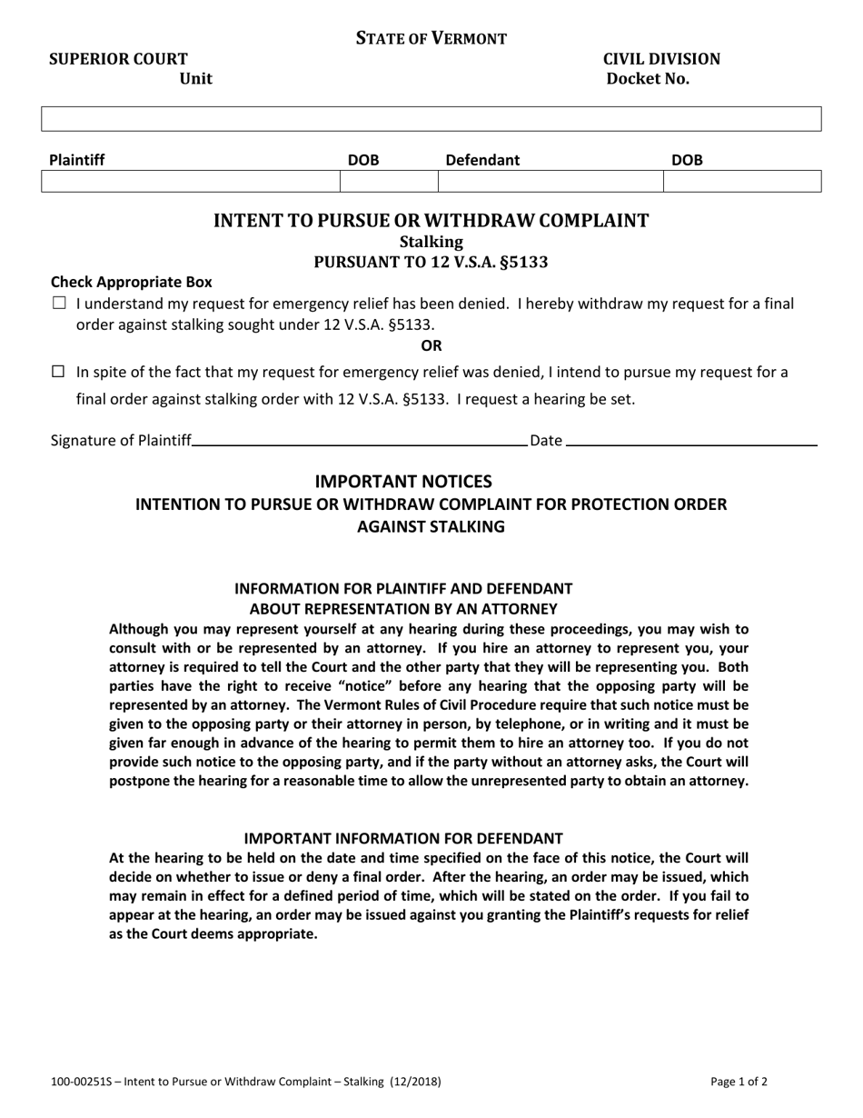 Form 100-00251S Intent to Pursue or Withdraw Complaint - Stalking - Vermont, Page 1