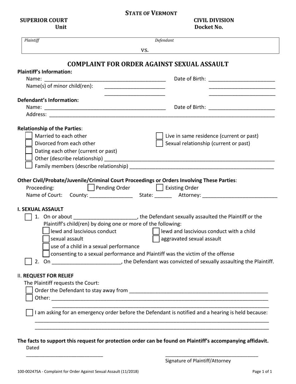 Form 100-00247SA Complaint for Order Against Sexual Assault - Vermont, Page 1