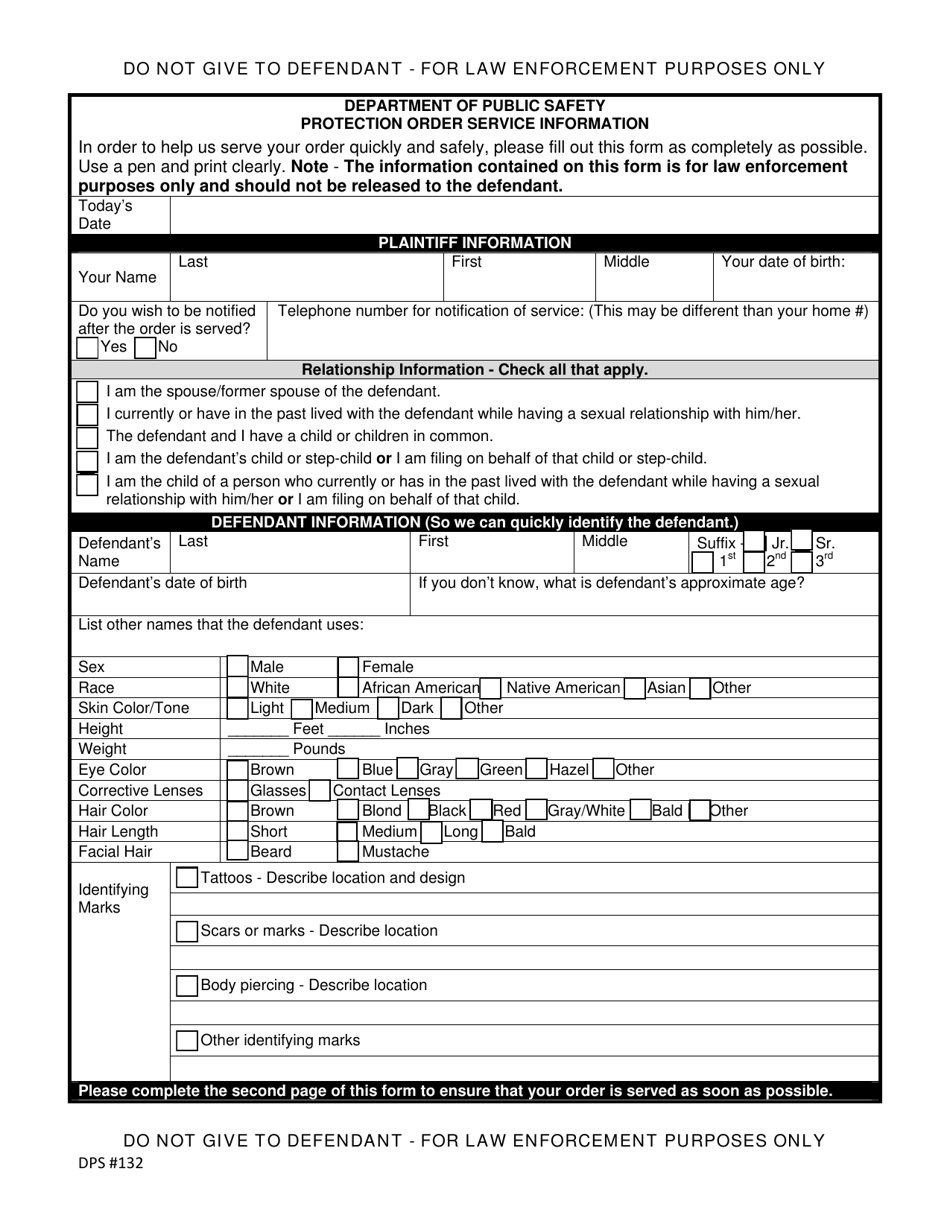 Form DPS132 Protection Order Service Information - Vermont, Page 1