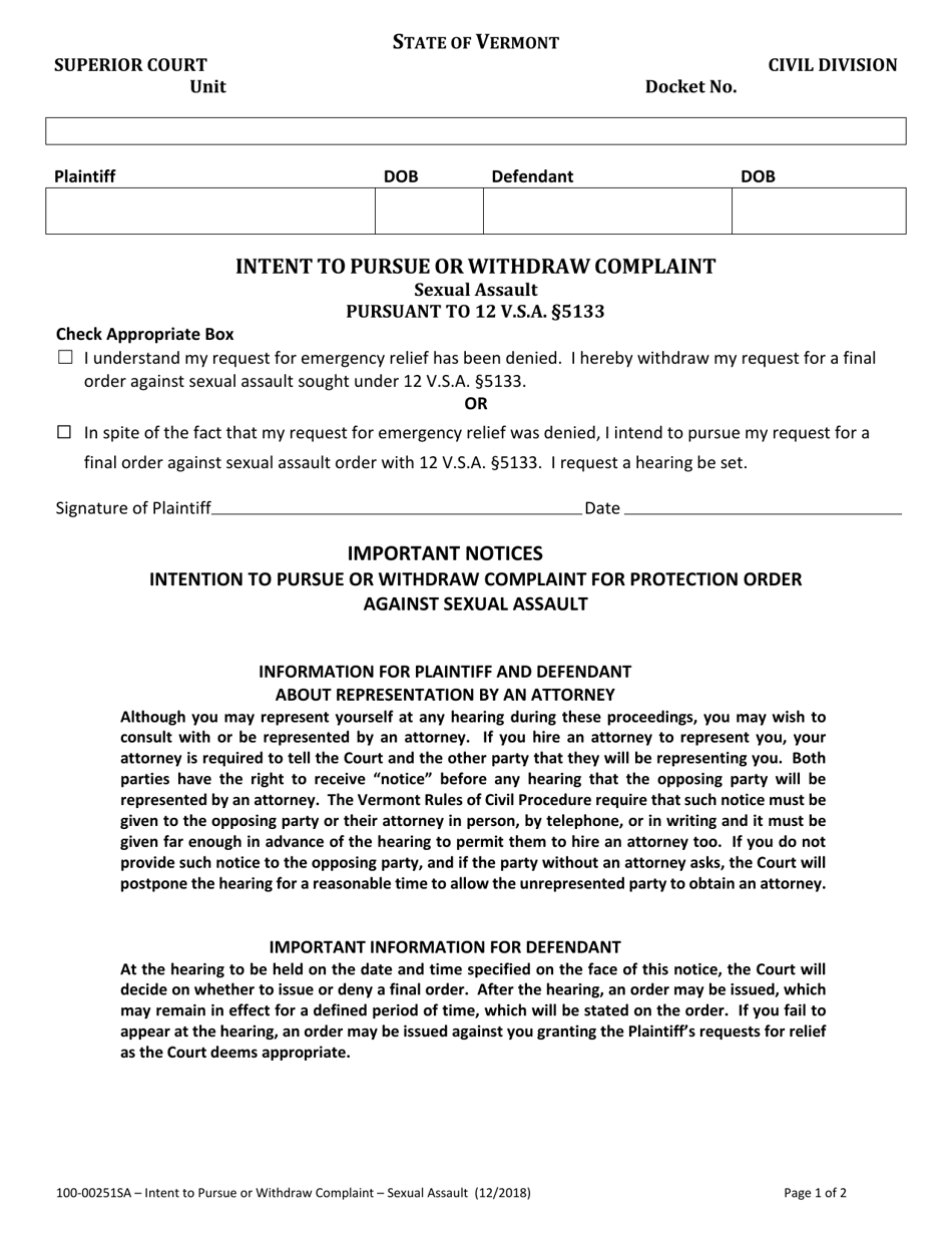 Form 100-00251SA Intention to Pursue or Withdraw Complaint for Protection Order Against Sexual Assault - Vermont, Page 1