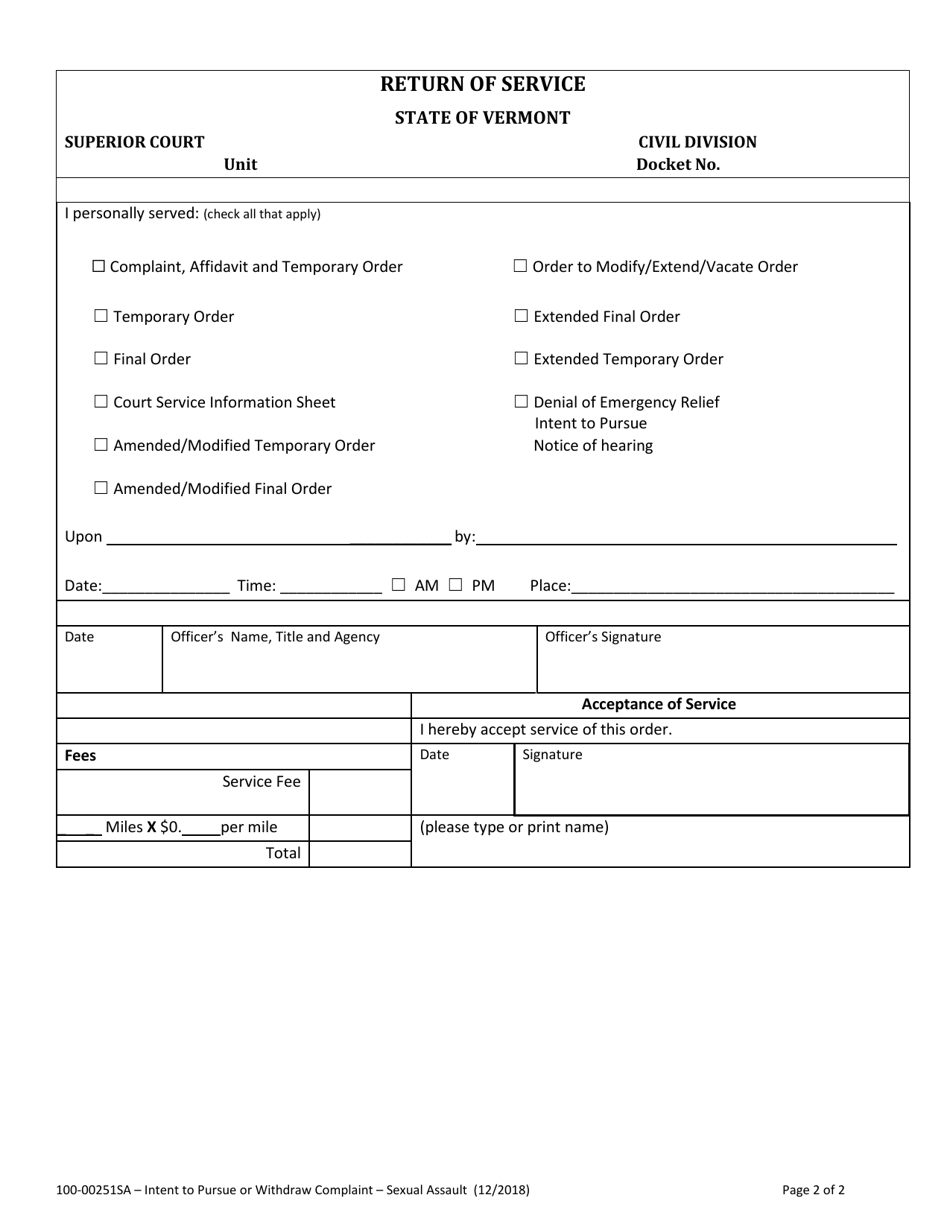 Form 100-00251SA Intention to Pursue or Withdraw Complaint for Protection Order Against Sexual Assault - Vermont, Page 2