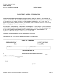 Document preview: Form 400-00829 Magistrate Appeal Information & Notice of Appeal - Vermont
