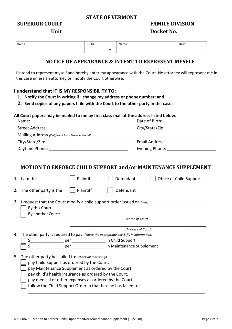 Form 400-00823 Motion to Enforce Child Support and / or Maintenance Supplement - Vermont, Page 1
