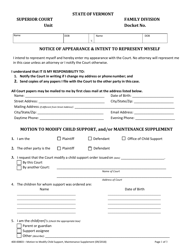Document preview: Form 400-00803 Motion to Modify Child Support and/or Maintenance Supplement - Vermont