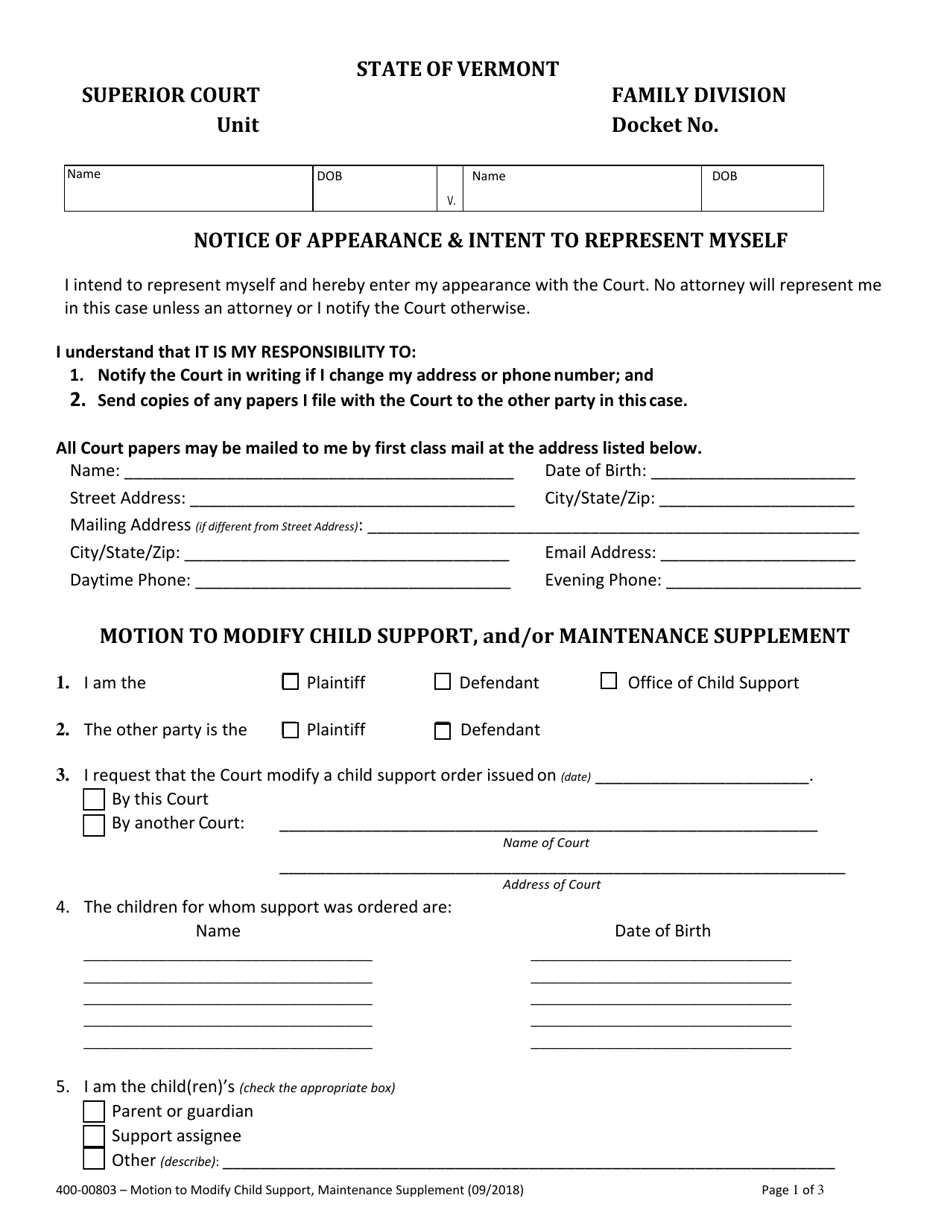 Form 400-00803 Motion to Modify Child Support and / or Maintenance Supplement - Vermont, Page 1