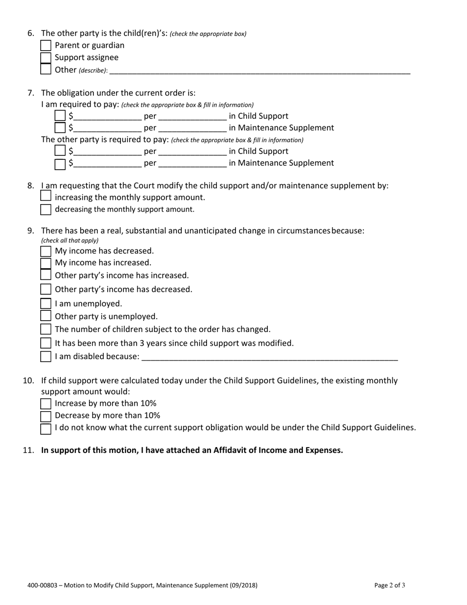 Form 400-00803 Motion to Modify Child Support and / or Maintenance Supplement - Vermont, Page 2