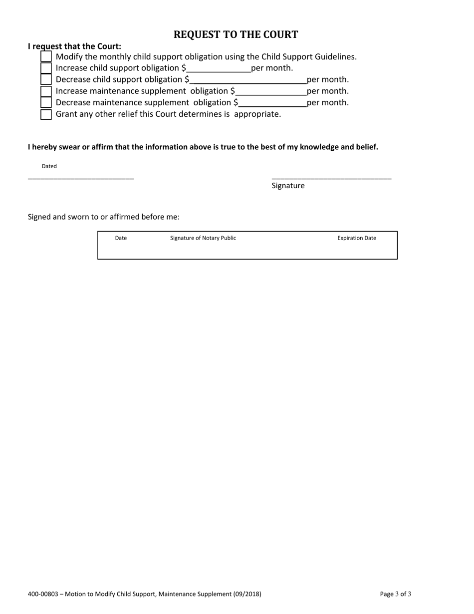 Form 400-00803 Motion to Modify Child Support and / or Maintenance Supplement - Vermont, Page 3