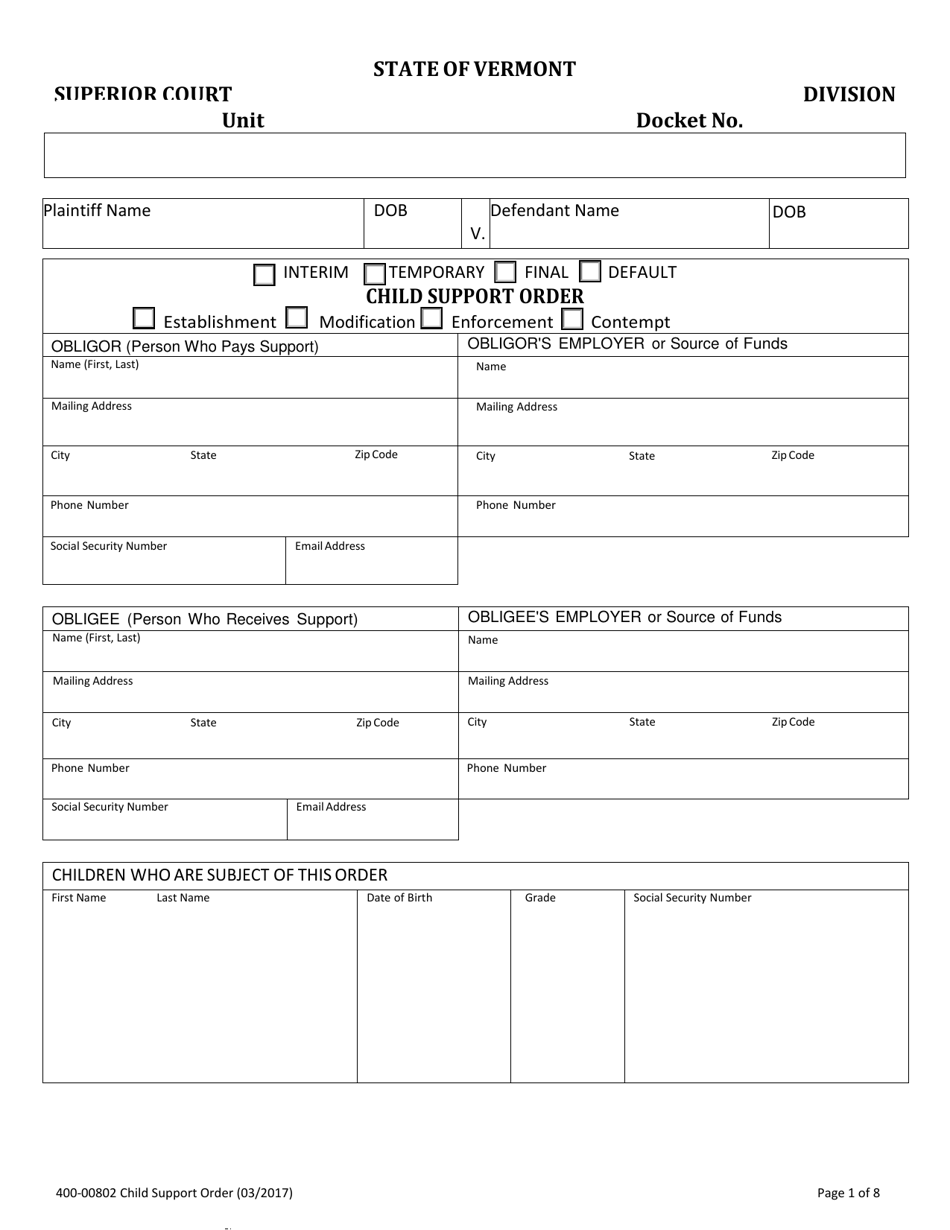 Form 400-00802 Child Support Order - Vermont, Page 1