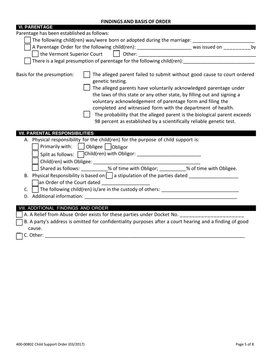 Form 400-00802 Child Support Order - Vermont, Page 5