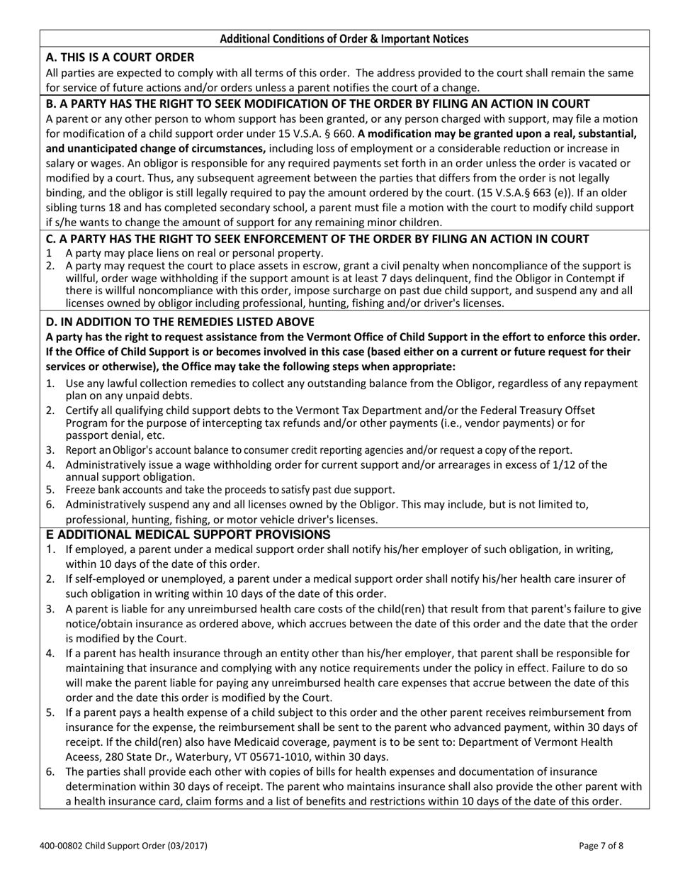 Form 400-00802 Child Support Order - Vermont, Page 7