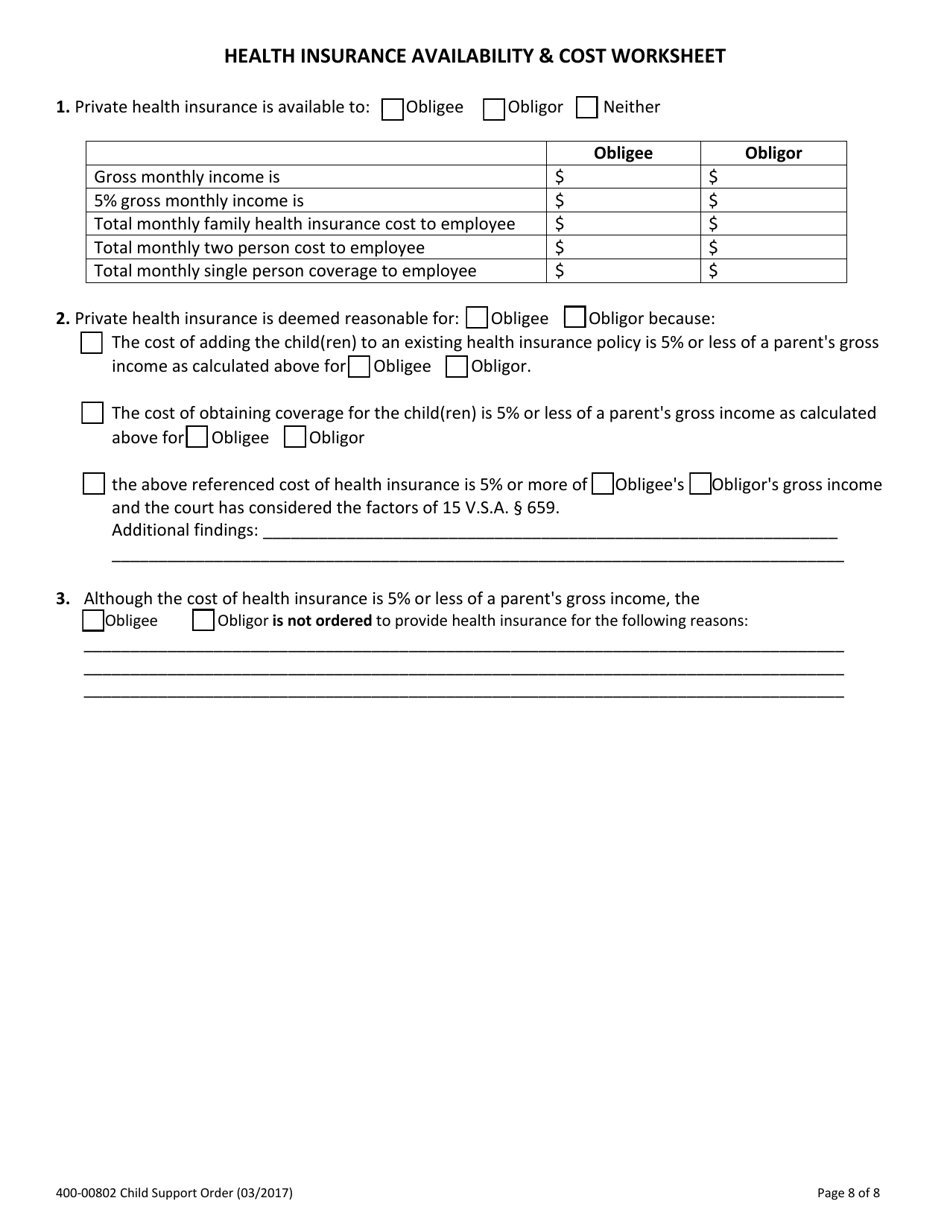 Form 400-00802 Child Support Order - Vermont, Page 8