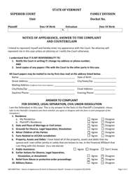 Document preview: Form 400-00837KIDS Notice of Appearance, Answer to the Complaint and Counterclaim - Vermont