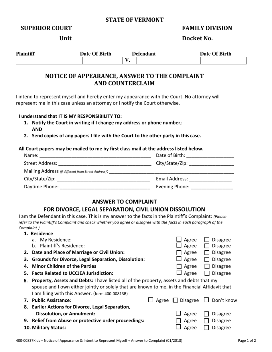 Form 400-00837KIDS Notice of Appearance, Answer to the Complaint and Counterclaim - Vermont, Page 1